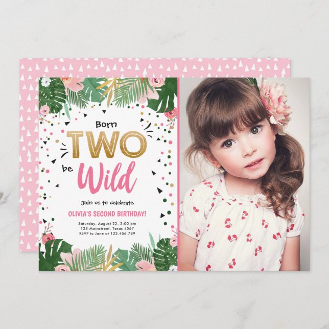 Two Wild Tropical Safari Gold Girl Second Birthday Invitation (Front/Back)