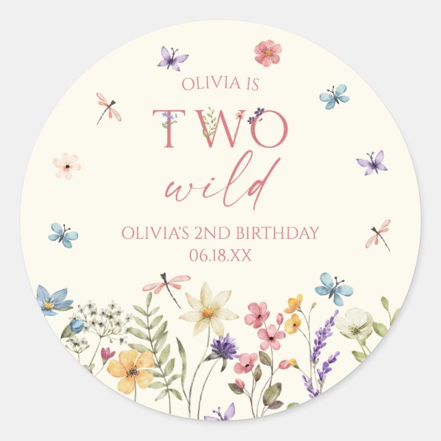Two Wild Wildflower Wild Flower 2nd Birthday Party Classic Round Sticker (Front)