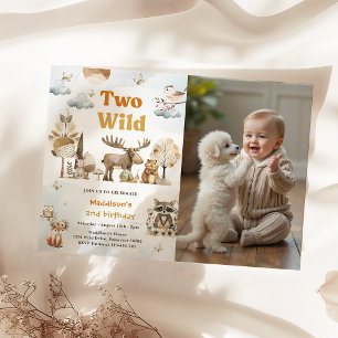 Two Wild Woodland Animals 2nd Birthday Party Photo Invitation