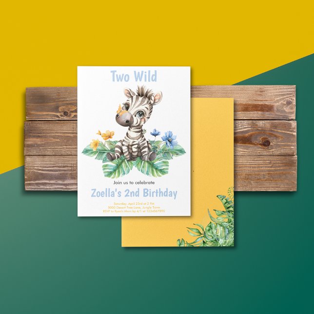 Two Wild Zebra 2nd Birthday Invitation (Safari Jungle Watercolor Zebra Yellow Blue Flowers Greenery Birthday Invitation)