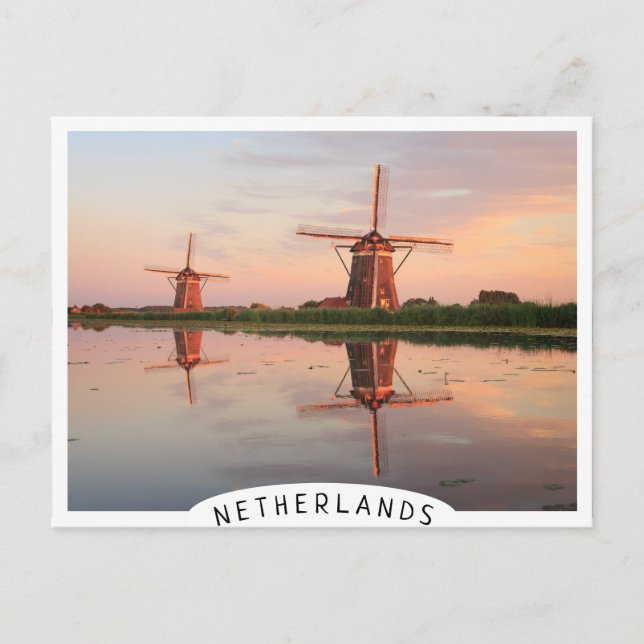 Two windmills with reflection at sunset postcard (Front)