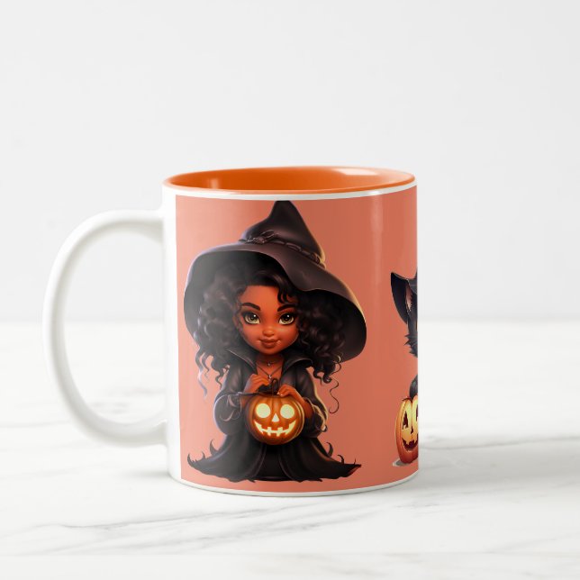 Two witches and a black cat scream Halloween Two-Tone Coffee Mug (Left)