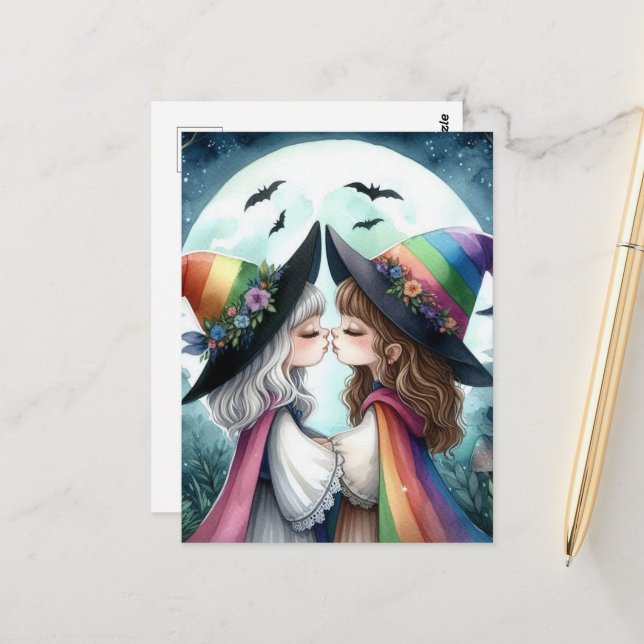 Two Witches Kiss Pride Series Postcard (Front/Back In Situ)