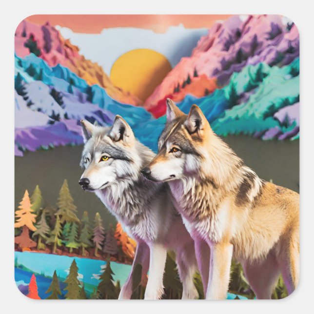 TWO WOLF IN COLORFUL LANDSCAPE SQUARE STICKER (Front)