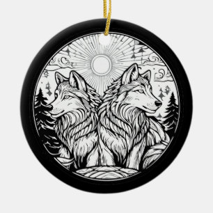 Two wolves ceramic tree decoration