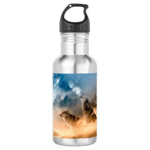 Two wolves howl at the full moon in forest 532 ml water bottle