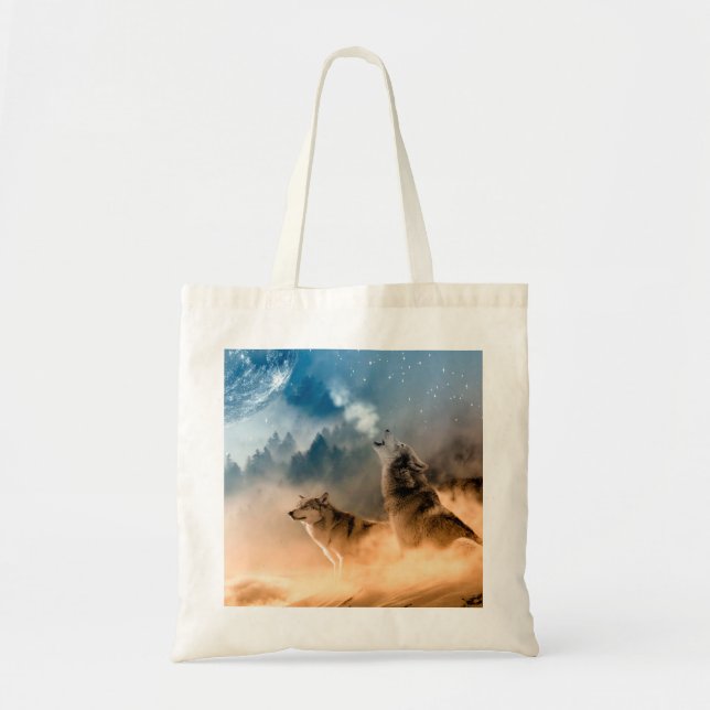 Two wolves howl at the full moon in forest tote bag (Front)