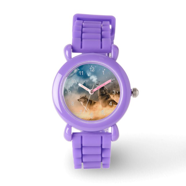 Two wolves howl at the full moon in forest watch (Front)