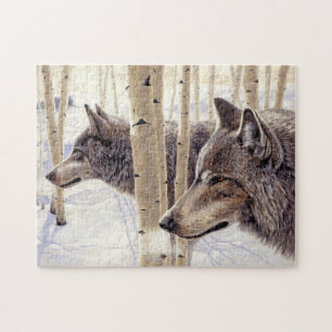 Two Wolves Hunting in Winter Snow Acrylic Painting Jigsaw Puzzle