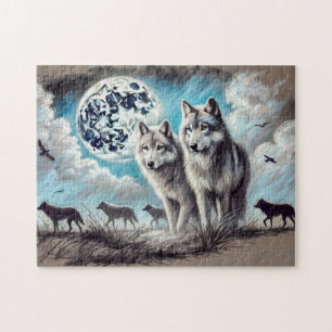 Two Wolves in Moonlight with Pack Jigsaw Puzzle