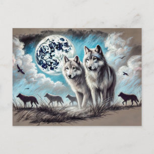 Two Wolves in Moonlight with Pack Postcard