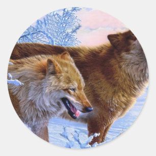 Two wolves in snow painting classic round sticker