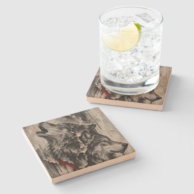 Two Wolves, One Heart Stone Coaster (Side)