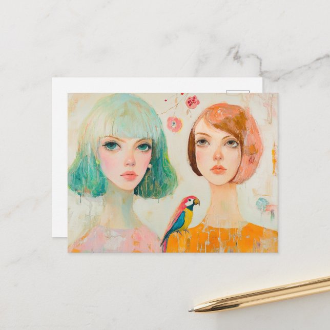 Two Women and a Parrot Bird Postcard (Front/Back In Situ)