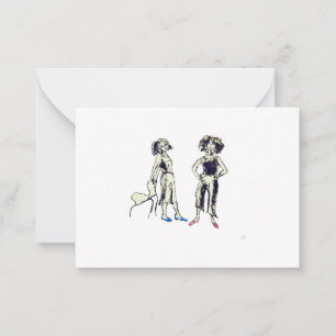 Two women depicted with curly hair card