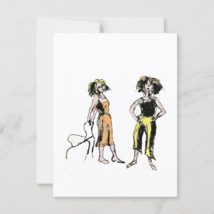 Two women depicted with curly hair postcard