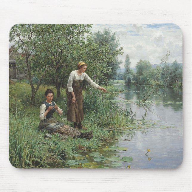 Two Women Fishing on the Grass by the River Mouse Pad (Front)