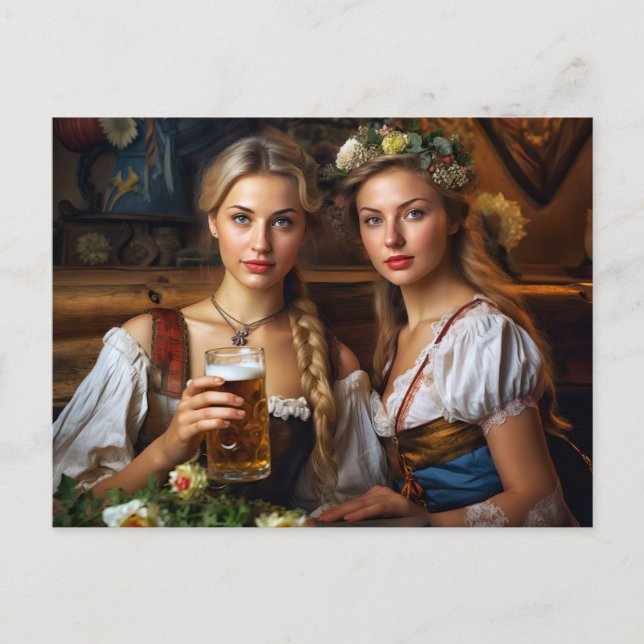 Two women in Dirndl. Beer. Bavaria Postcard (Front)