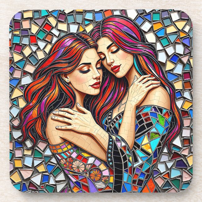Two Women in Love | Faux Mosaic Tile Style Coaster (Front)