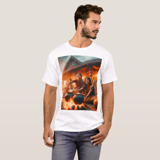 two women sit around a fire with a pots in front T-Shirt