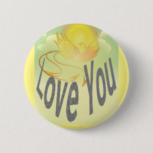 Two Words—Love You. On Flaming Yellow Phoenix Bird 6 Cm Round Badge