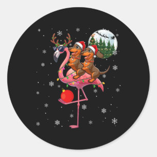 Two Xmas Dachshunds Riding Flamingo Reindeer Sungl Classic Round Sticker