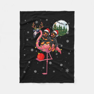 Two Xmas Rottweilers Riding Flamingo Reindeer Sung Fleece Blanket