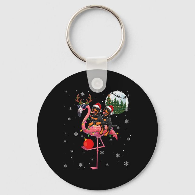 Two Xmas Rottweilers Riding Flamingo Reindeer Sung Key Ring (Front)