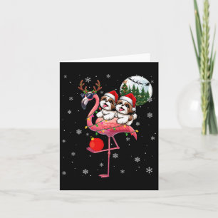 Two Xmas Shih Tzus Riding Flamingo Reindeer Sungle Card