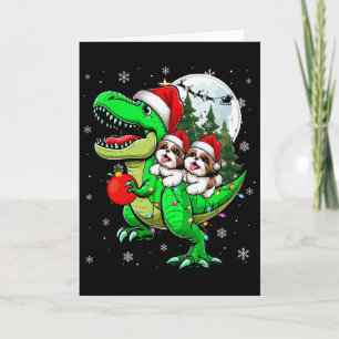 Two Xmas Shih Tzus Riding T-rex Reindeer Lover Kid Card