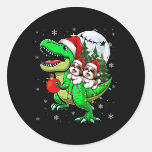 Two Xmas Shih Tzus Riding T-rex Reindeer Lover Kid Classic Round Sticker