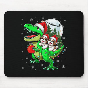 Two Xmas Shih Tzus Riding T-rex Reindeer Lover Kid Mouse Pad