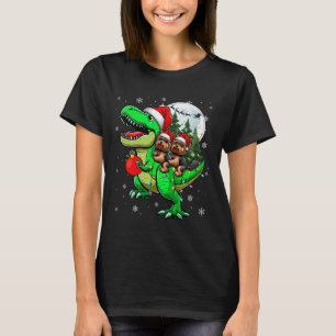 Two Xmas Yorkshire Terriers Riding T-rex Reindeer T-Shirt