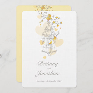 Two yellow birds open birdcage wedding invitation