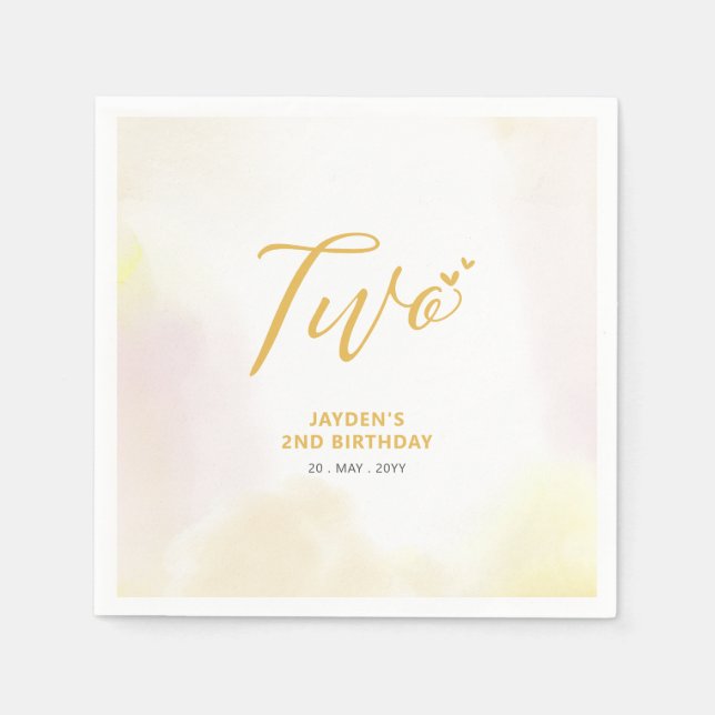 Two | Yellow Hearts & Watercolor 2nd Birthday Napkin (Front)