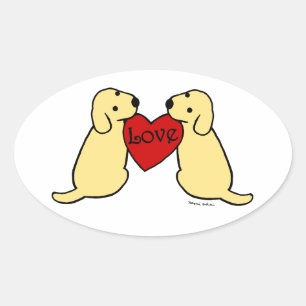 Two Yellow Labradors with Love Cartoon Oval Oval Sticker