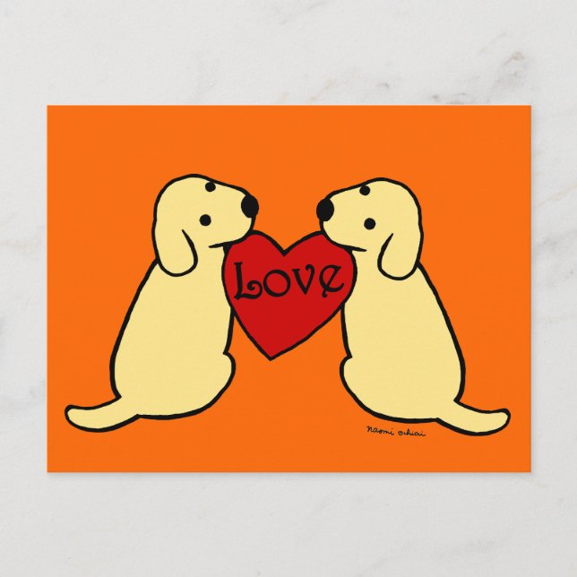 Two Yellow Labradors with Love Cartoon Postcard (Front)