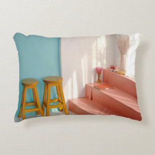 Two yellow wooden bar stools decorative cushion