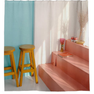 Two yellow wooden bar stools shower curtain