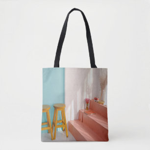 Two yellow wooden bar stools tote bag