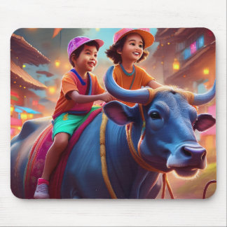 Two Young Filipino Kids Riding The Family Carabao Mouse Pad