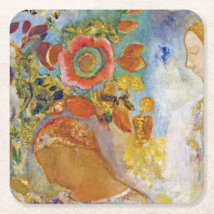 Two Young Girls among Flowers, Redon Square Paper Coaster