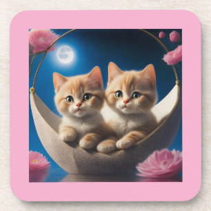 Two Young Kittens In A Basket With Pink Roses Coaster
