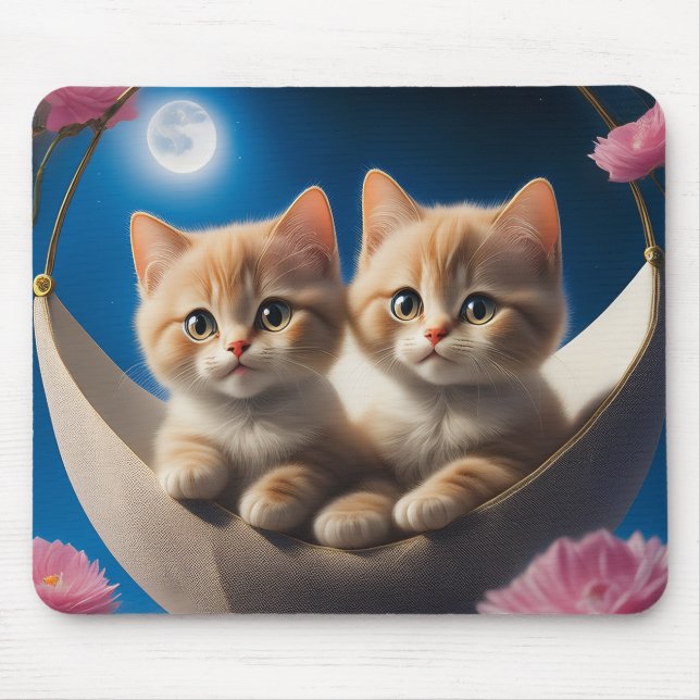 Two Young Kittens In A Basket With Pink Roses Mouse Pad (Front)