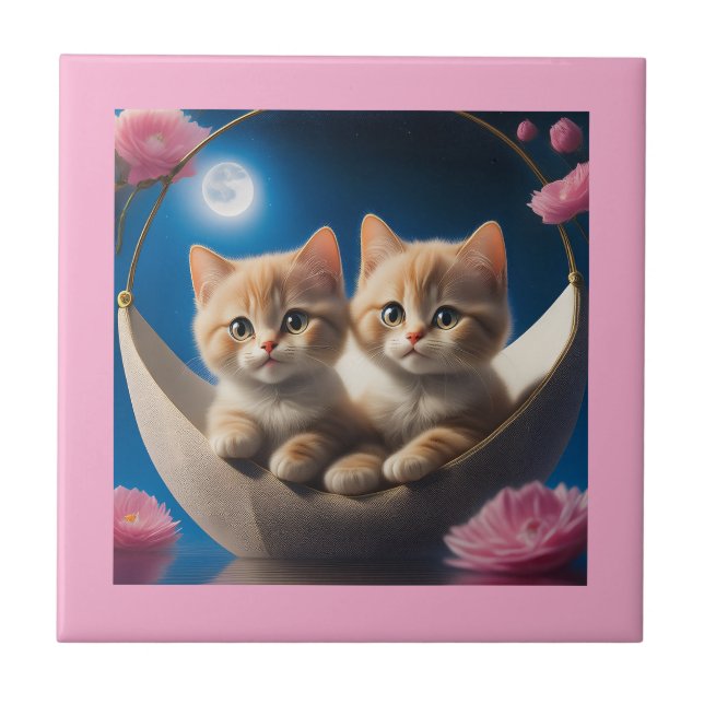 Two Young Kittens In A Basket With Pink Roses Tile (Front)