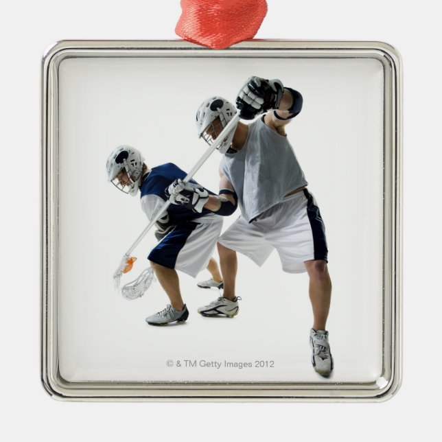 Two young men playing lacrosse metal tree decoration (Front)