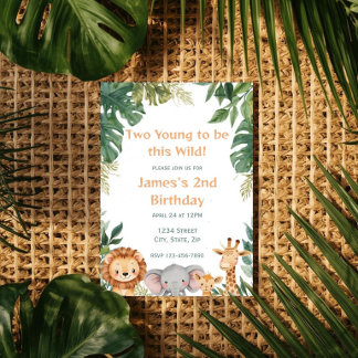 Two Young Safari Jungle Animals 2nd Birthday Invitation