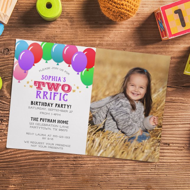 TWOrrific 2nd Birthday Balloon Purple Photo Invitation (Creator Uploaded)