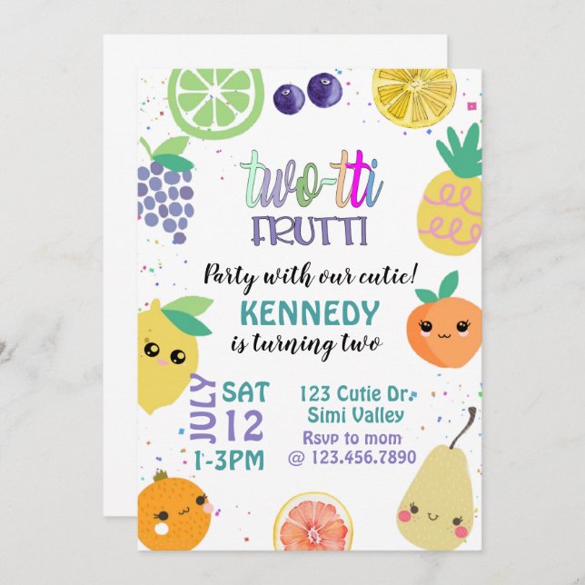 Twotti Fruiti, TWO, Kids Birthday,  Invitation (Front/Back)