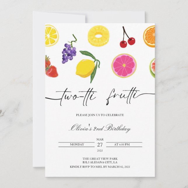 Twotti Frutti 2nd Birthday Invitation Fruit Party (Front)